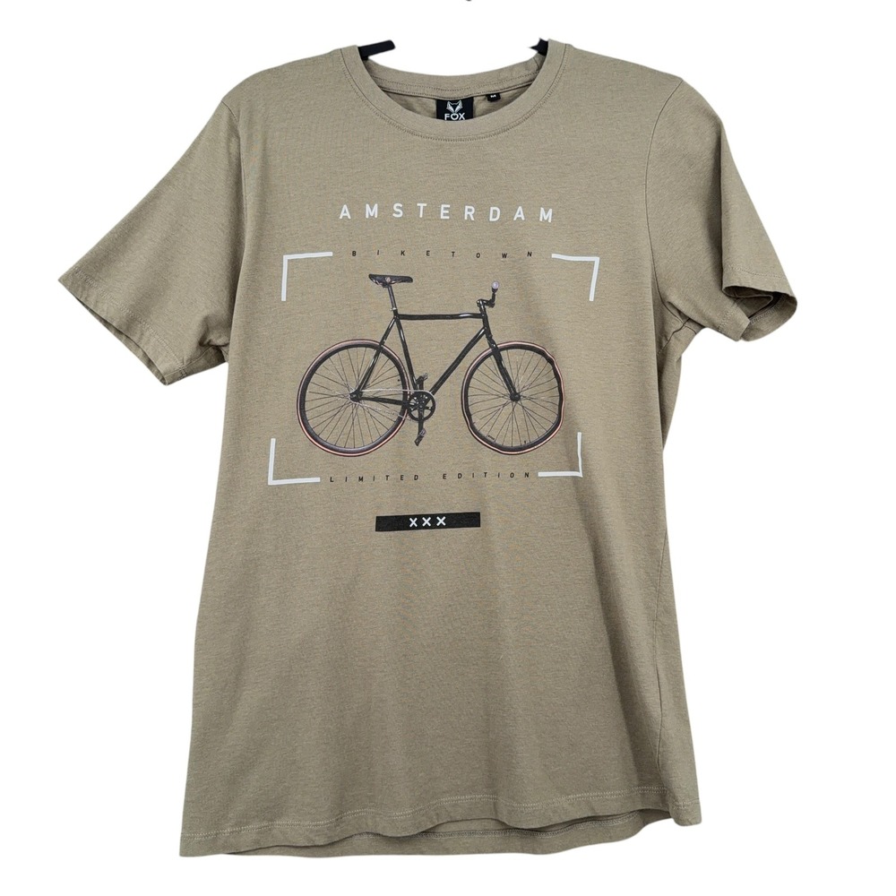 Fox Originals Amsterdam‎ Biketown Mens M 100% Cotton Khaki Brown Graphic T-Shirt
